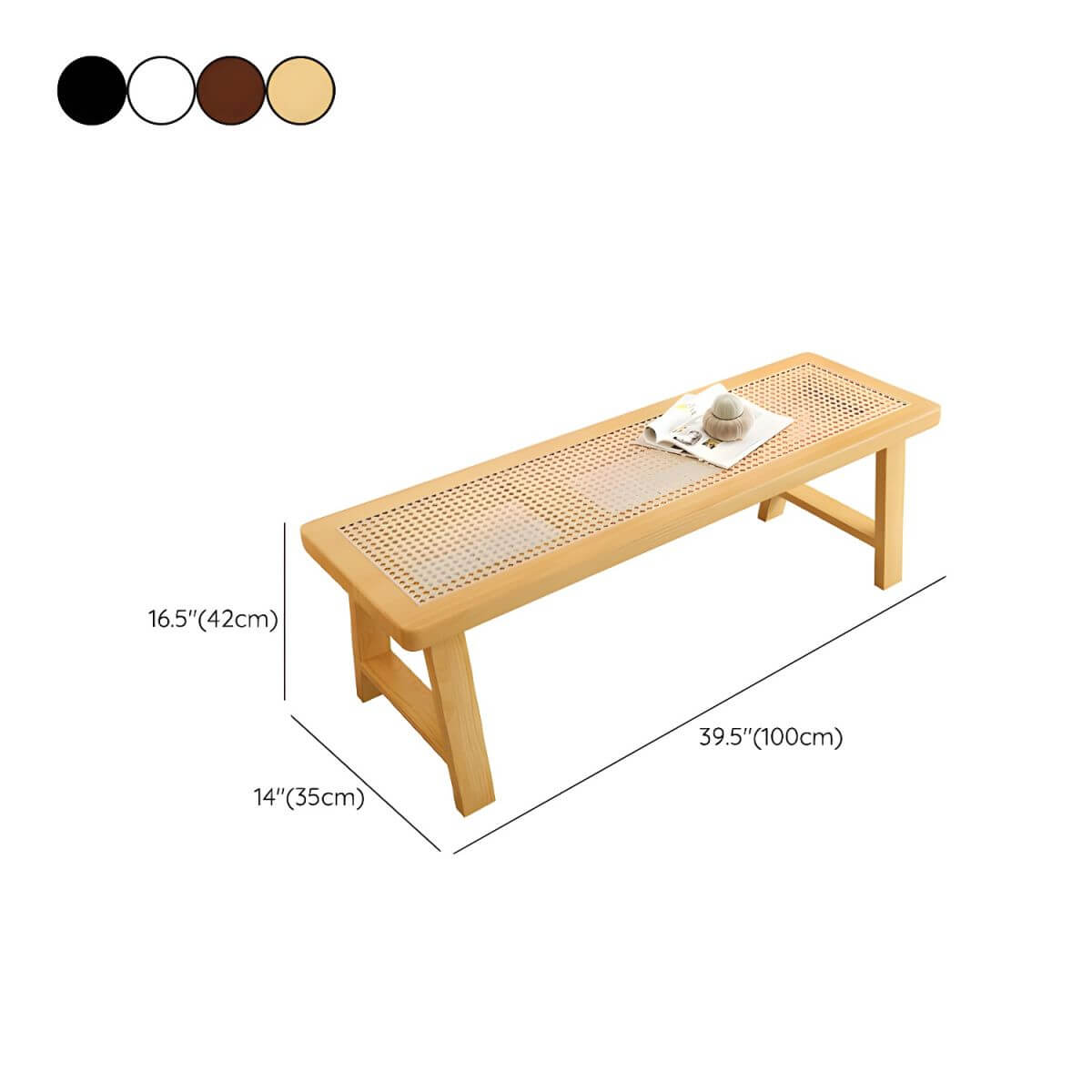 Rectangular Solid Ash Bedroom Bench Featuring Natural Rattan Inlay and A-Frame Legs Dimensions