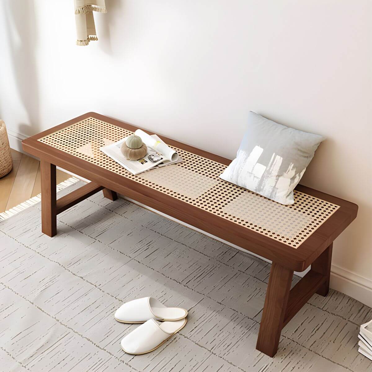 Rectangular Solid Ash Bedroom Bench Featuring Natural Rattan Inlay and A-Frame Legs