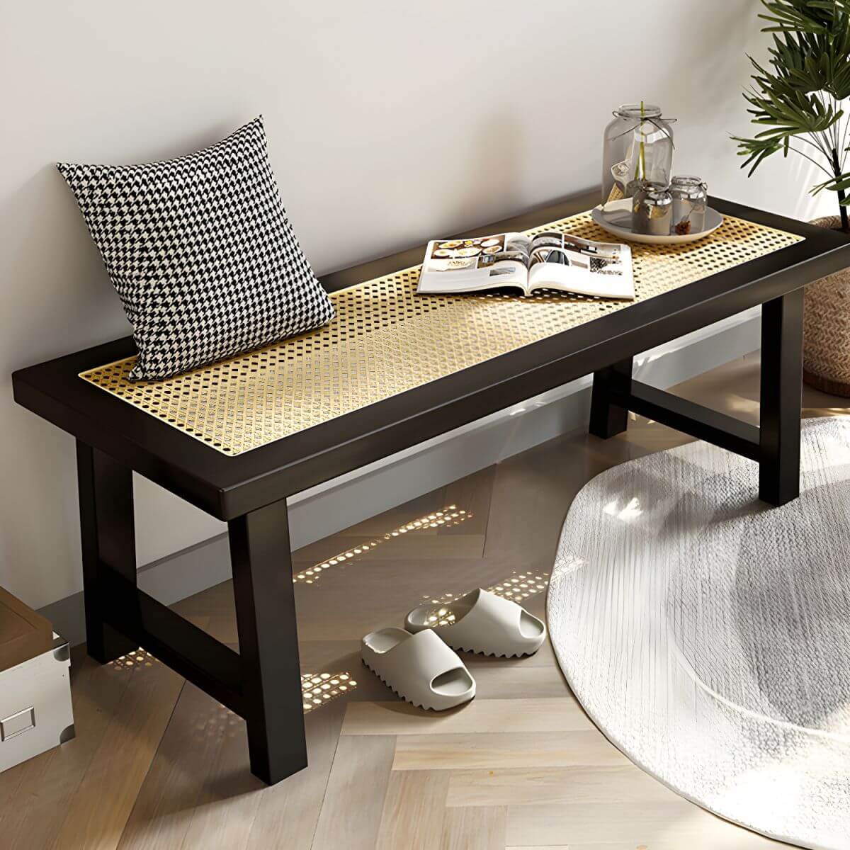 Rectangular Solid Ash Bedroom Bench Featuring Natural Rattan Inlay and A-Frame Legs Main Product Image Main image