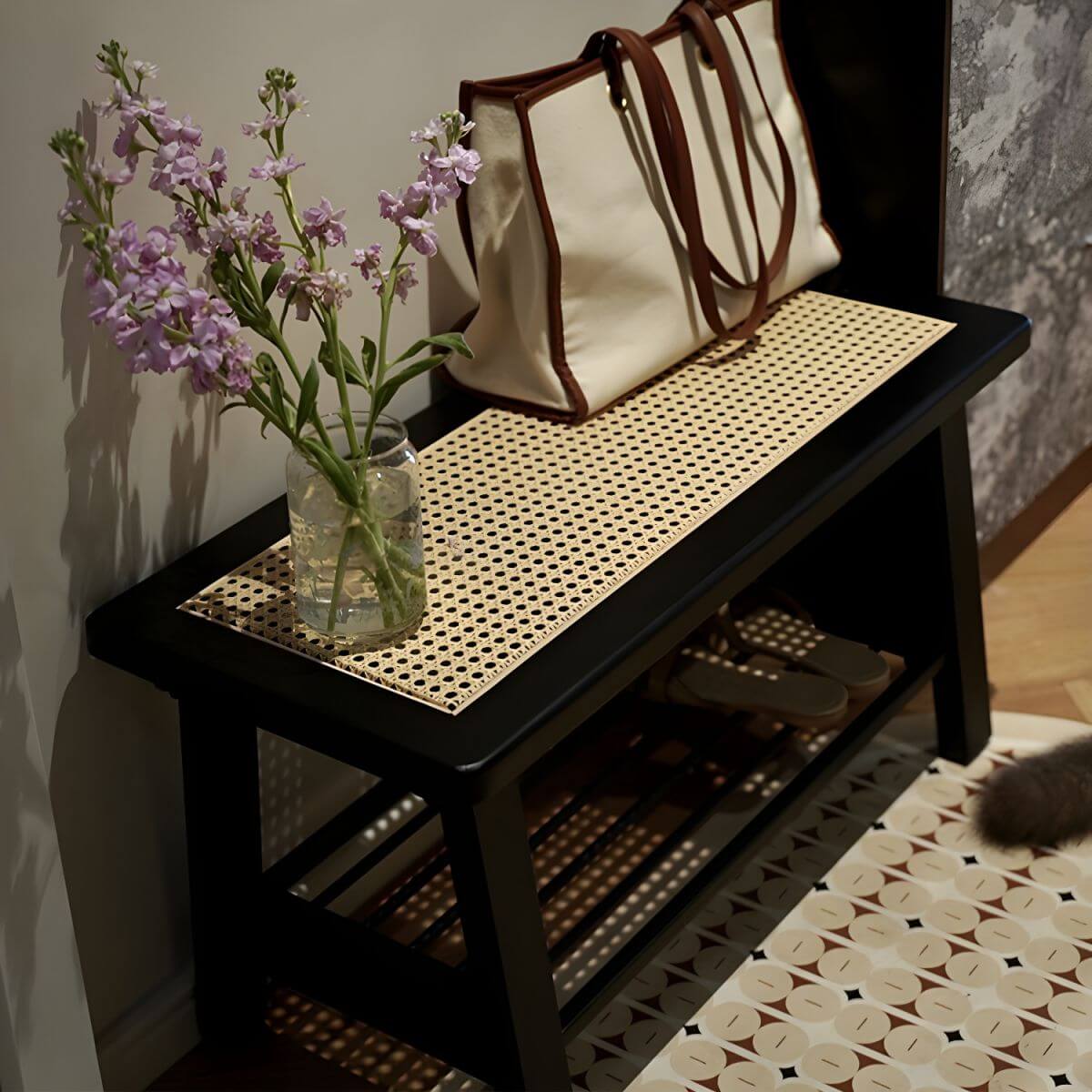 Rectangular Solid Ash Bedroom Bench Featuring Natural Rattan Inlay and A-Frame Legs