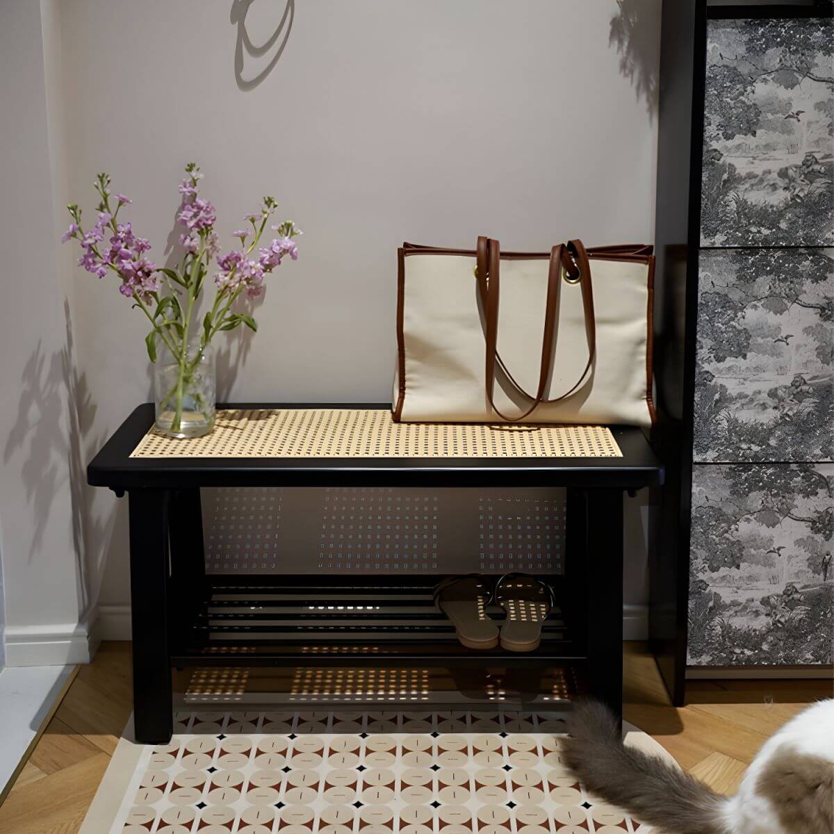 Rectangular Solid Ash Bedroom Bench Featuring Natural Rattan Inlay and A-Frame Legs