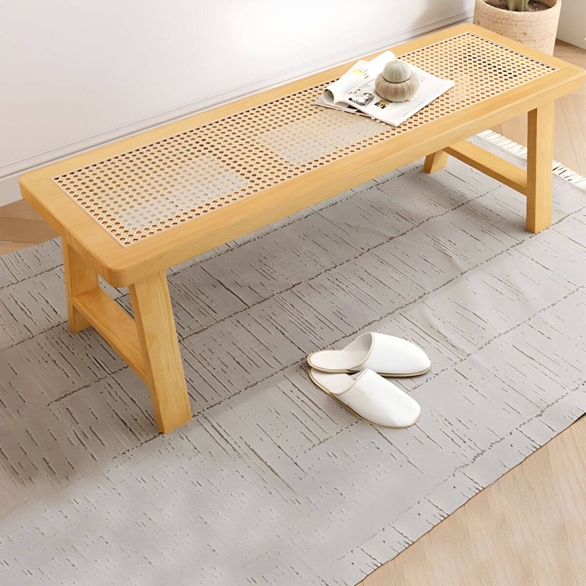 Rectangular Solid Ash Bedroom Bench Featuring Natural Rattan Inlay and A-Frame Legs