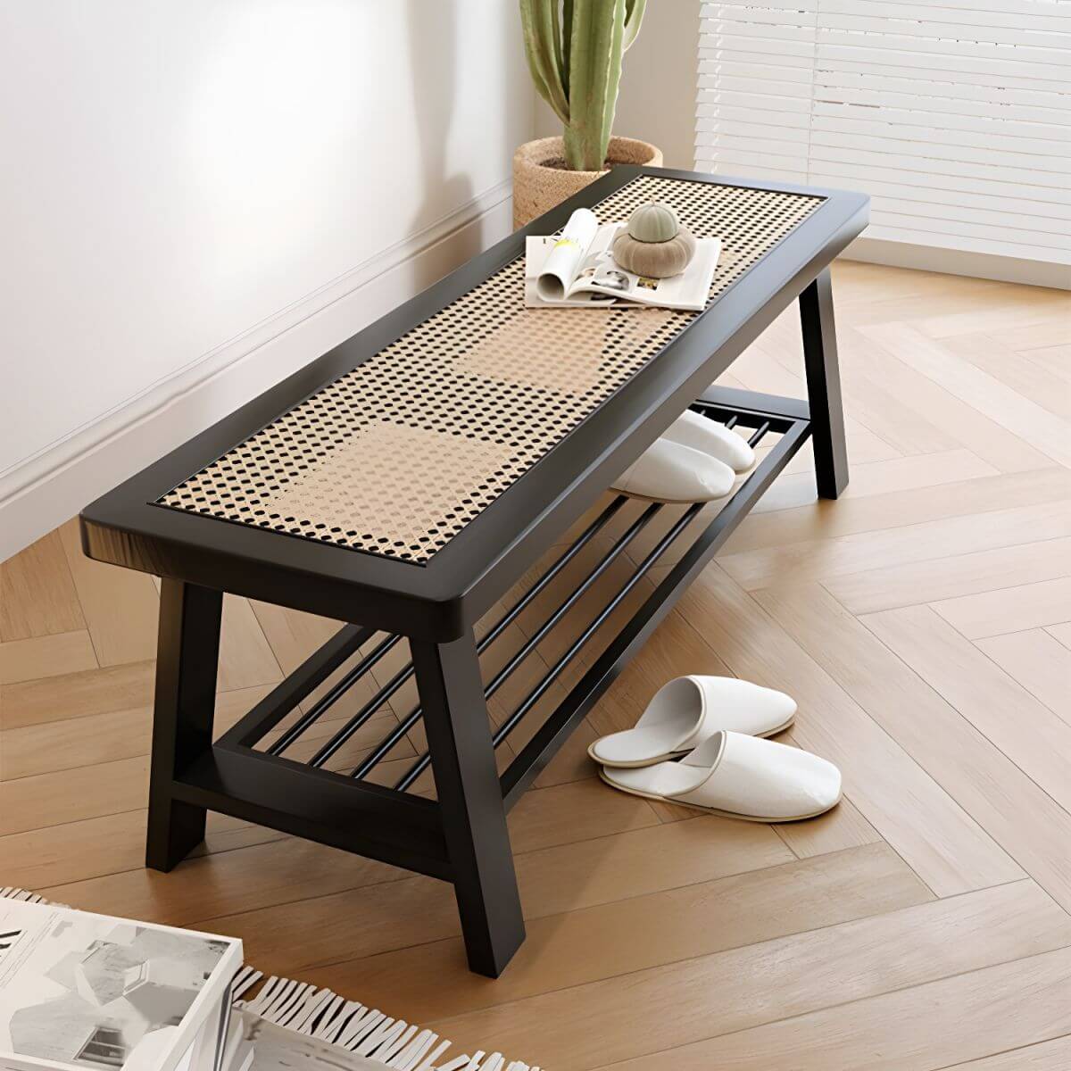 Rectangular Solid Ash Bedroom Bench Featuring Natural Rattan Inlay and A-Frame Legs