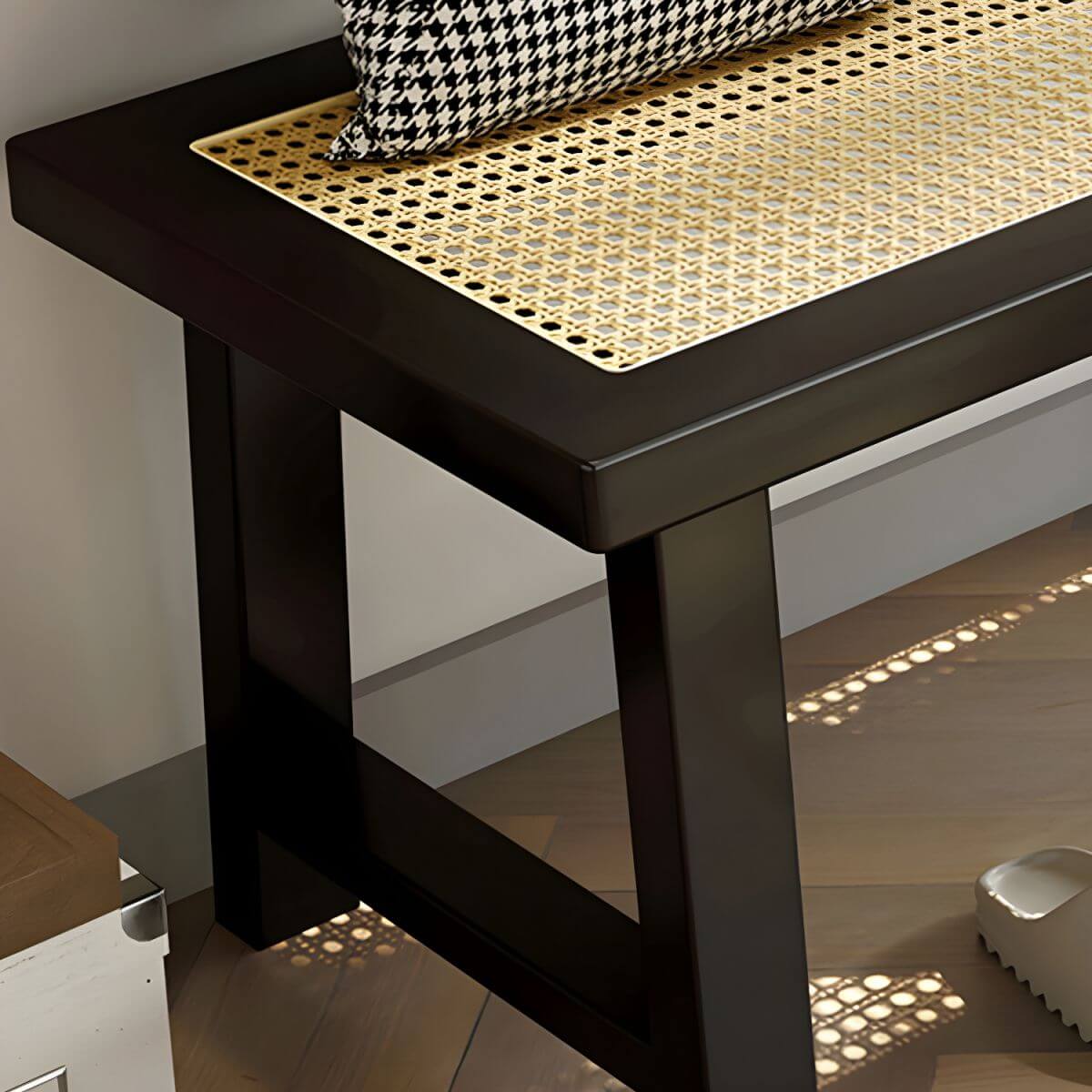 Rectangular Solid Ash Bedroom Bench Featuring Natural Rattan Inlay and A-Frame Legs