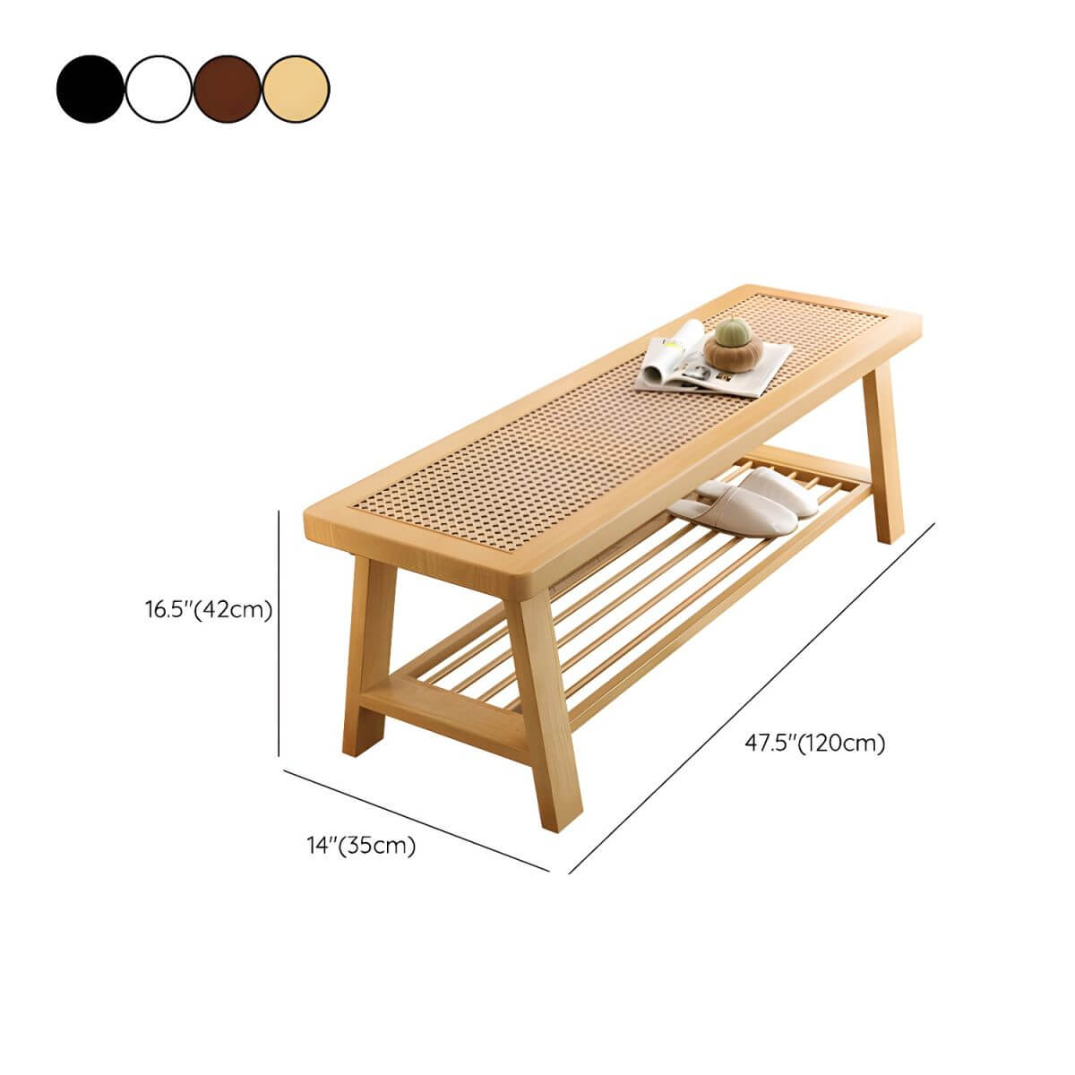 Rectangular Solid Ash Bedroom Bench Featuring Natural Rattan Inlay and A-Frame Legs Dimensions