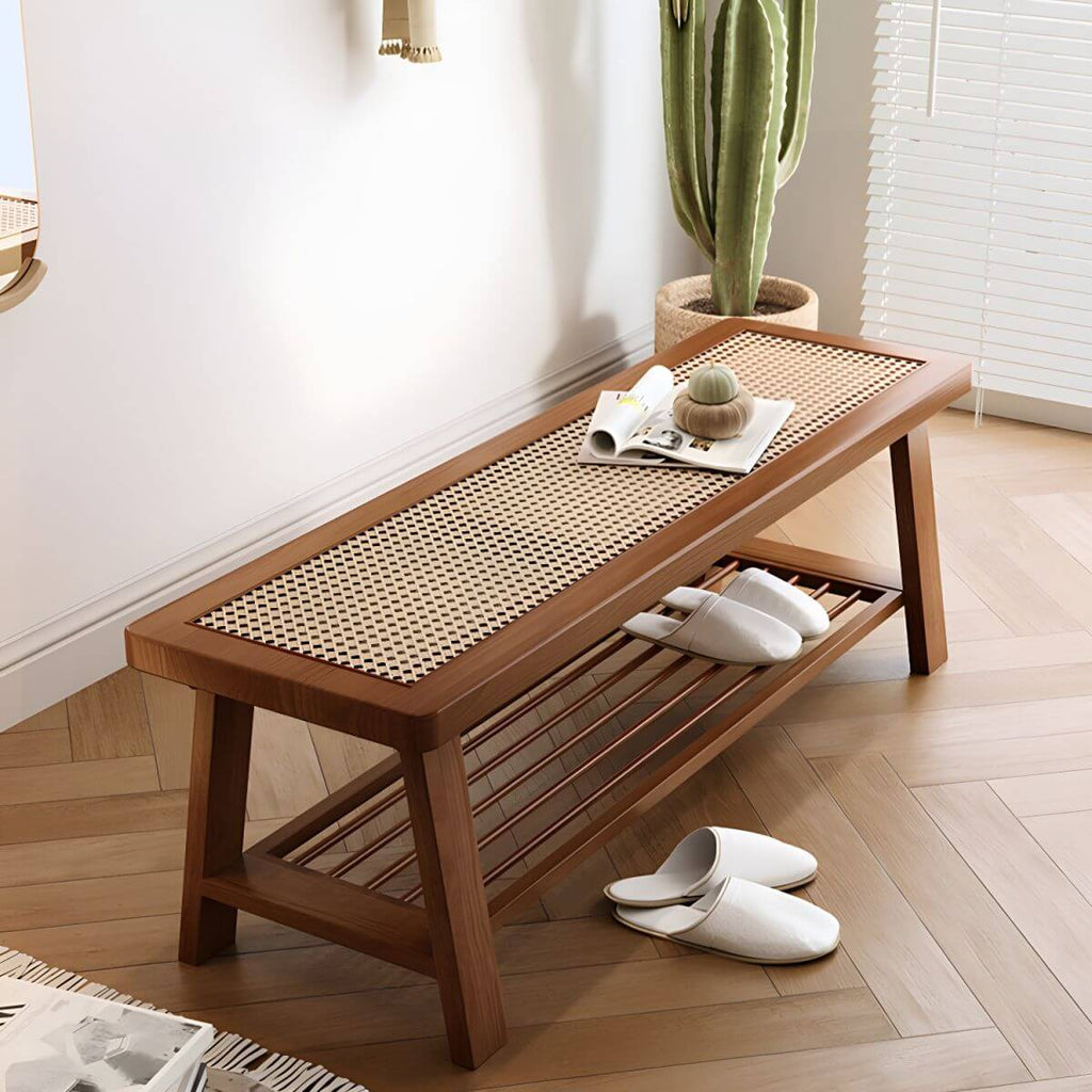 Rectangular Solid Ash Bedroom Bench Featuring Natural Rattan Inlay and A-Frame Legs