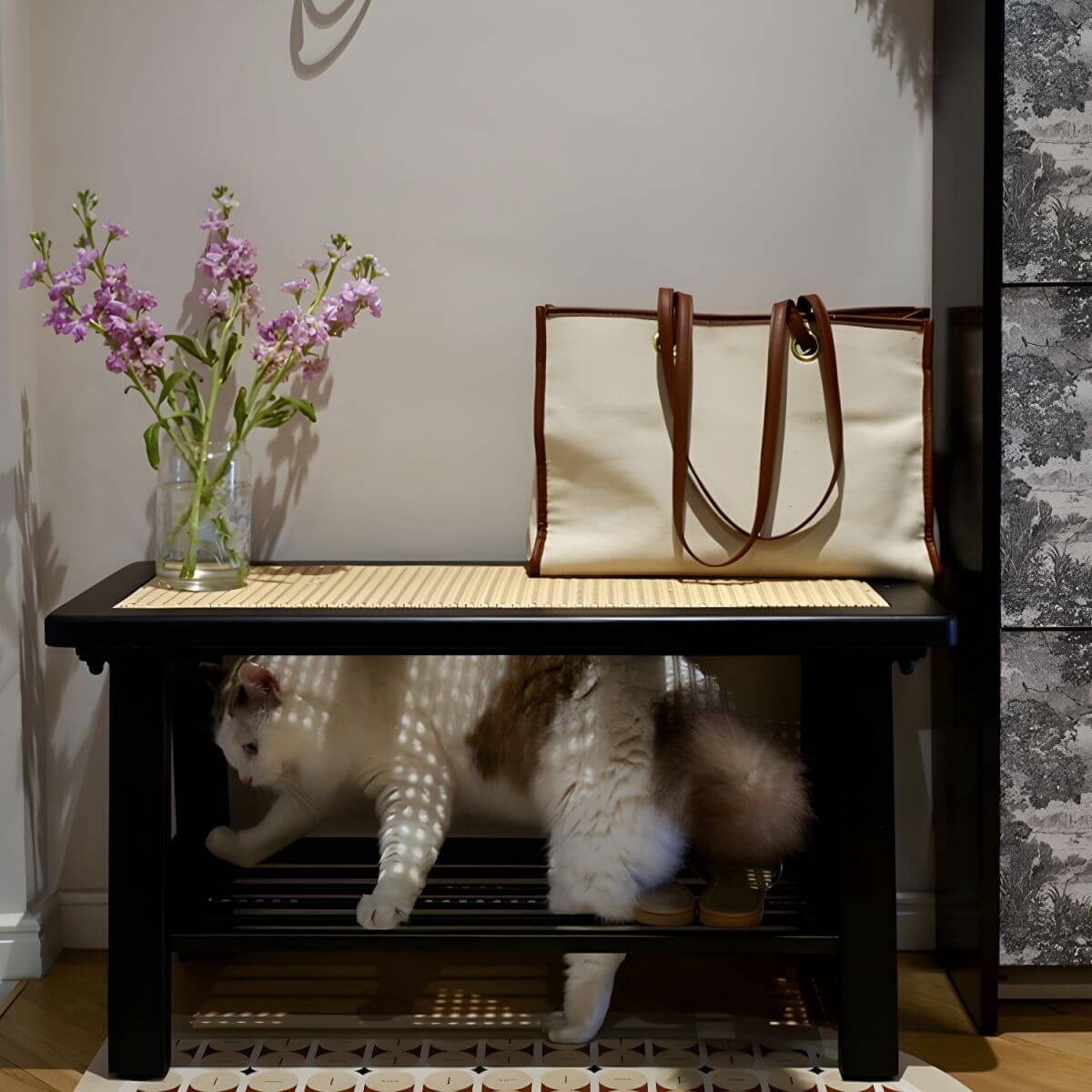 Rectangular Solid Ash Bedroom Bench Featuring Natural Rattan Inlay and A-Frame Legs