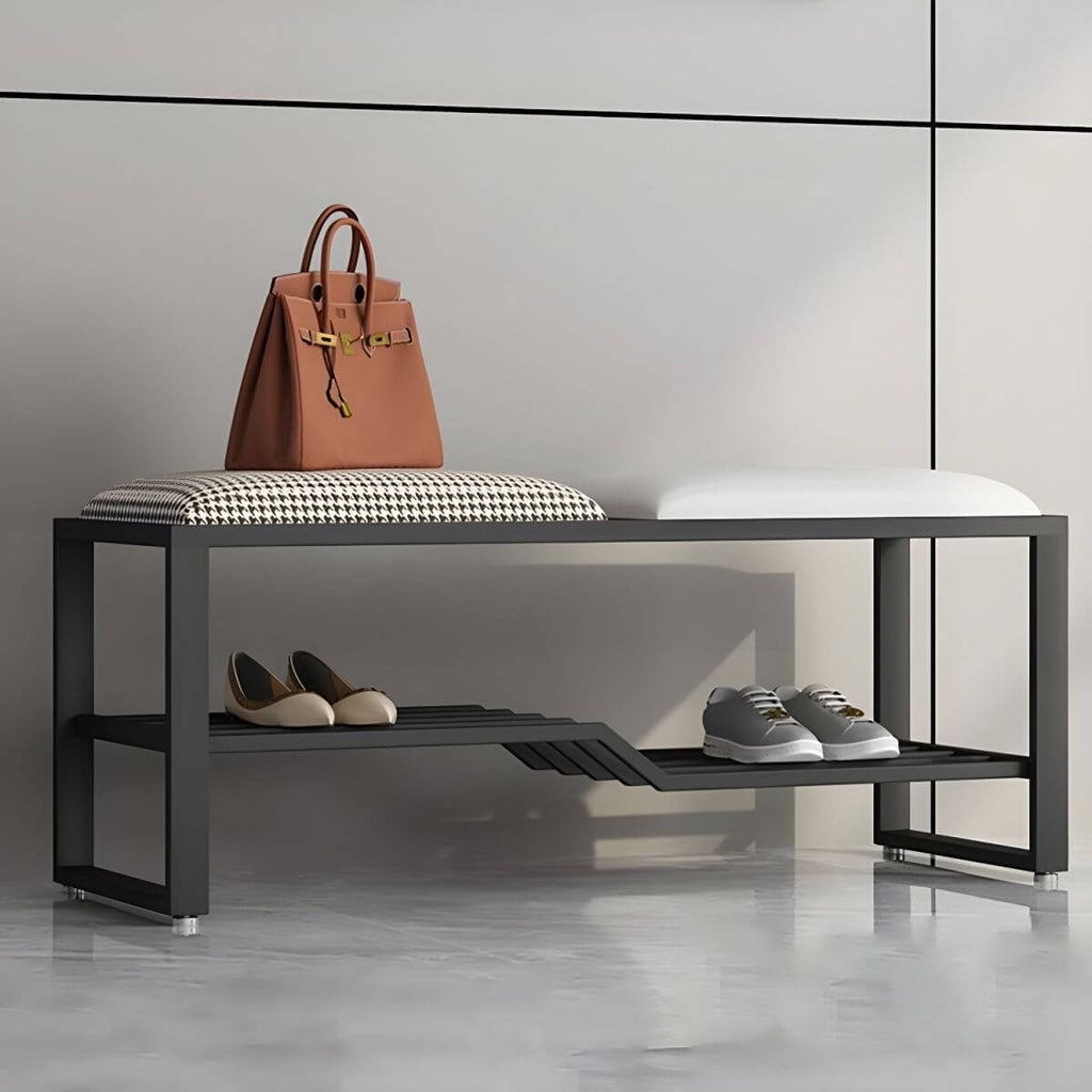 Rectangular Storage Bench with Houndstooth and Solid Upholstery – Modern Entryway Design