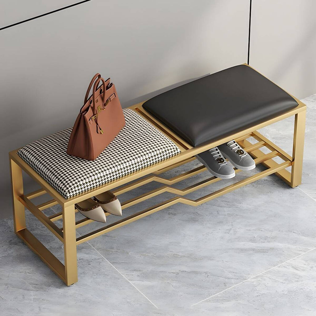 Rectangular Storage Bench with Houndstooth and Solid Upholstery – Modern Entryway Design
