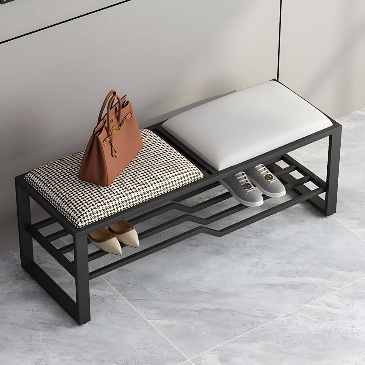 Rectangular Storage Bench with Houndstooth and Solid Upholstery – Modern Entryway Design