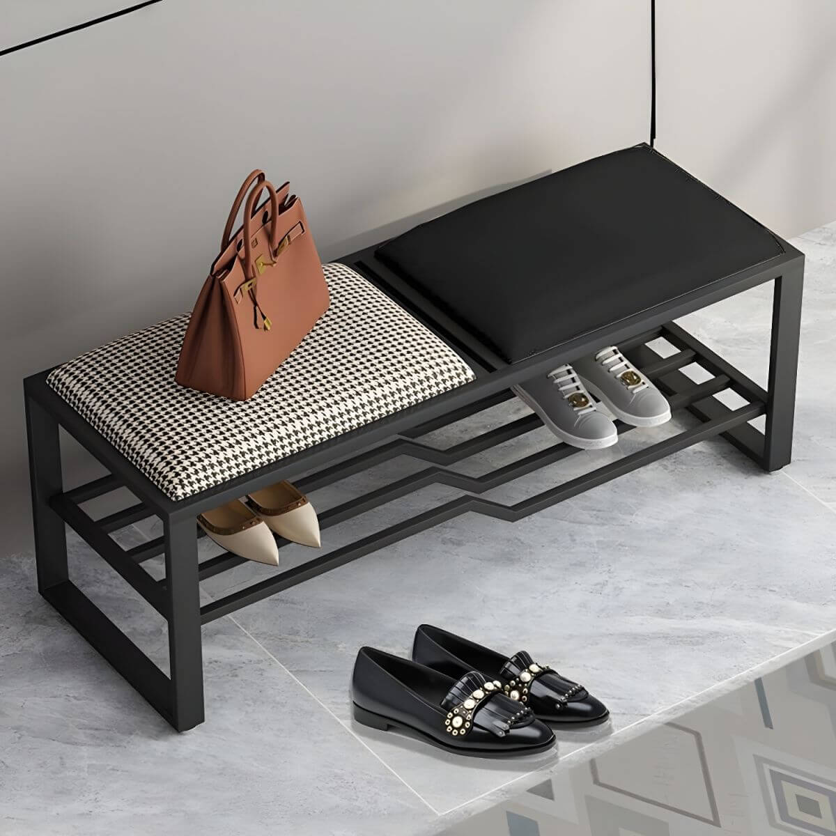 Rectangular Storage Bench with Houndstooth and Solid Upholstery – Modern Entryway Design Main Product Image