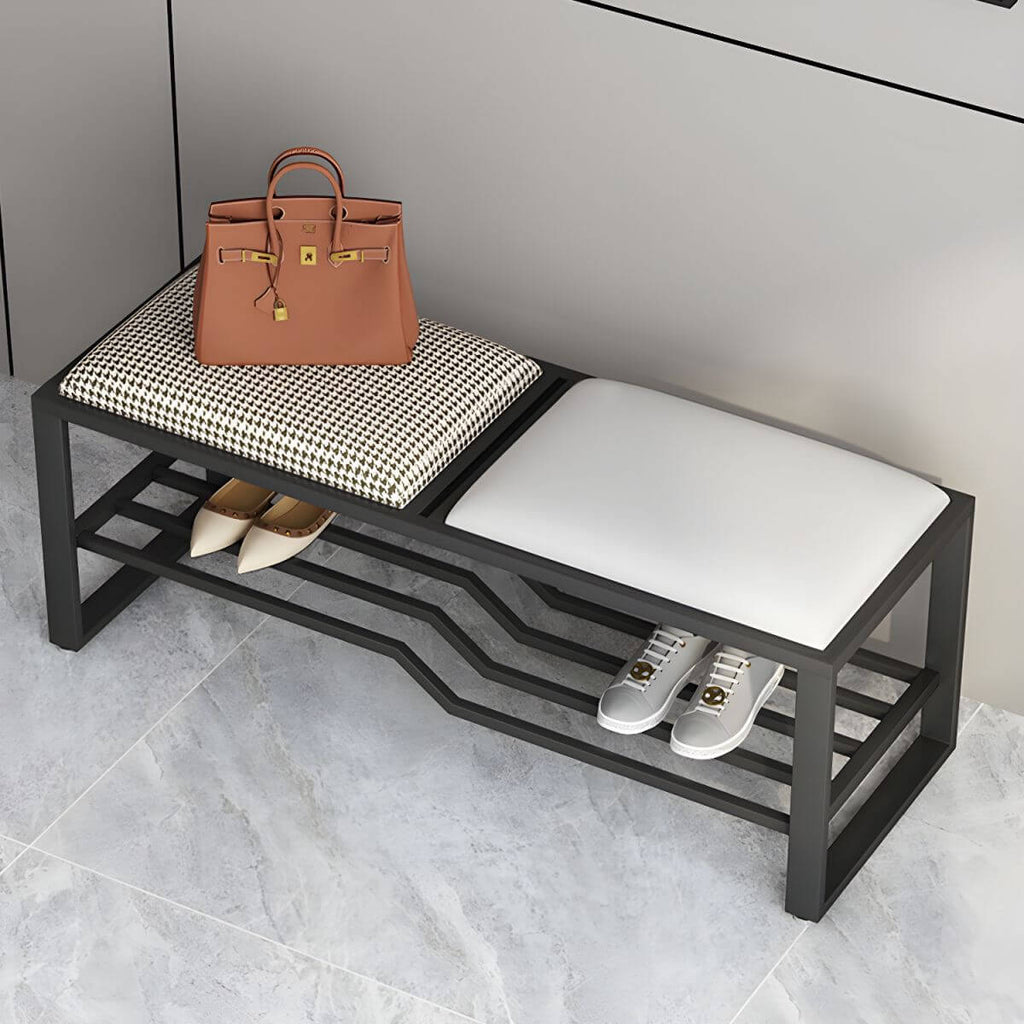 Rectangular Storage Bench with Houndstooth and Solid Upholstery – Modern Entryway Design