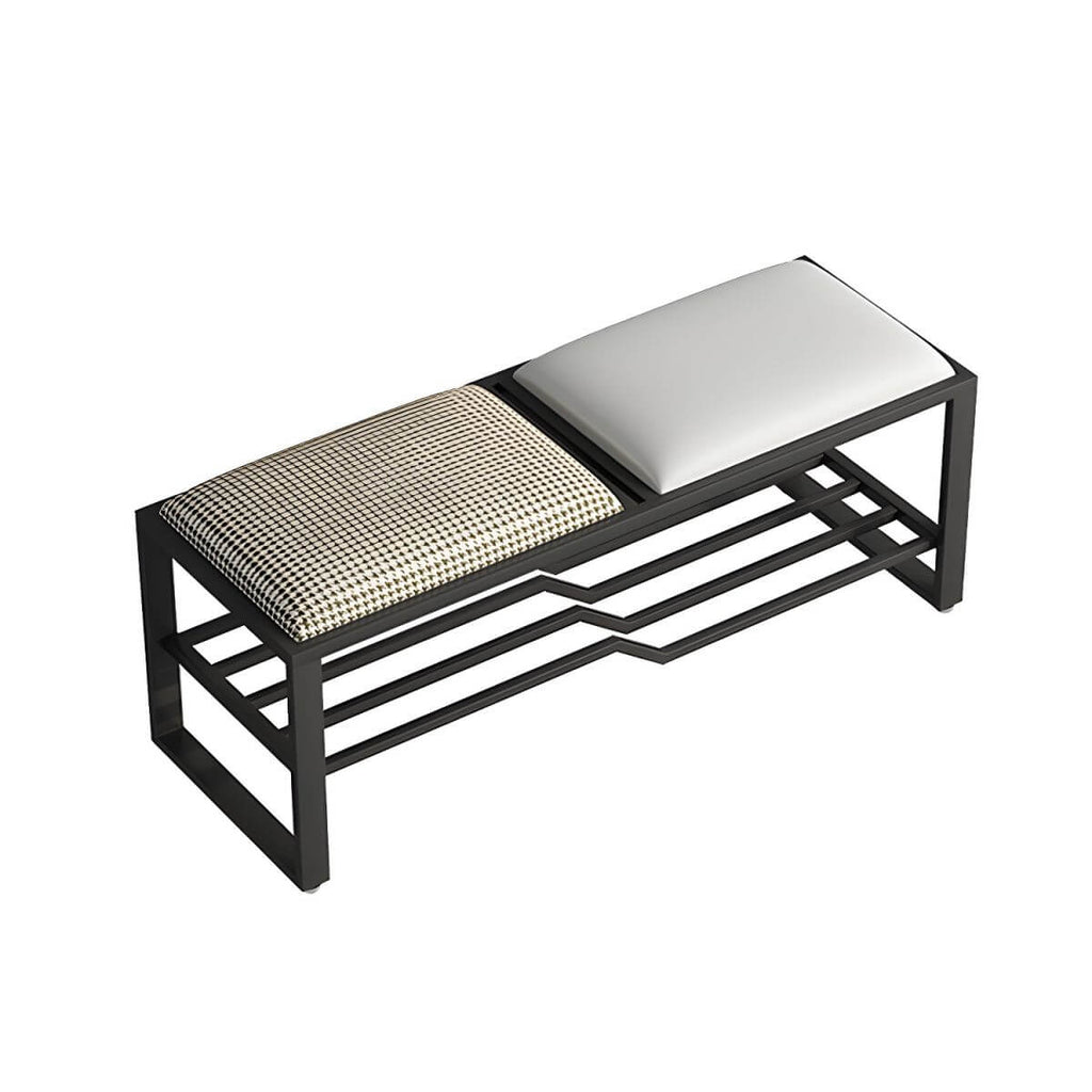 Rectangular Storage Bench with Houndstooth and Solid Upholstery – Modern Entryway Design