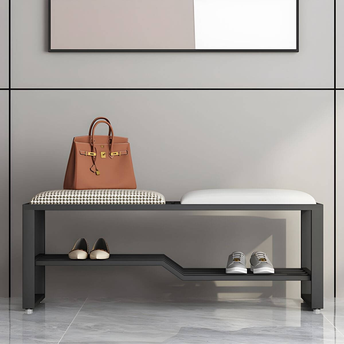 Rectangular Storage Bench with Houndstooth and Solid Upholstery – Modern Entryway Design