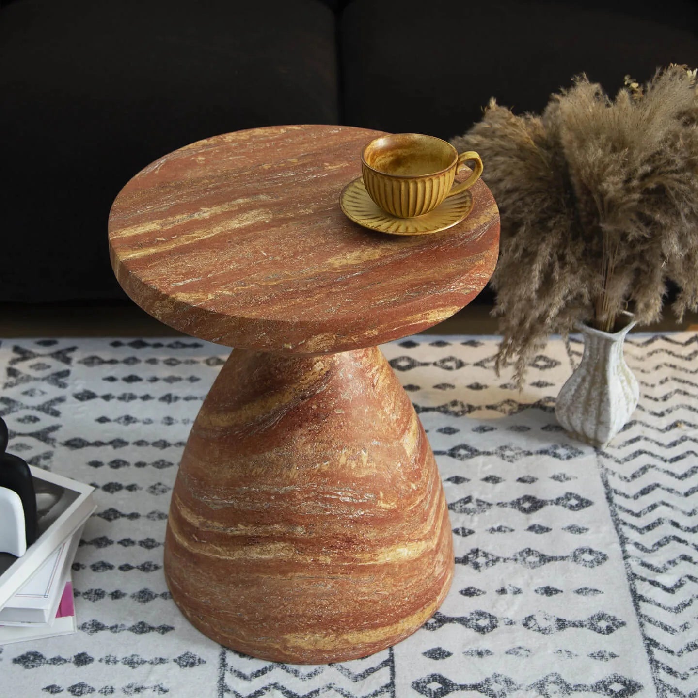 Red Faux Travertine Sculptural Hourglass End and Side Table Series