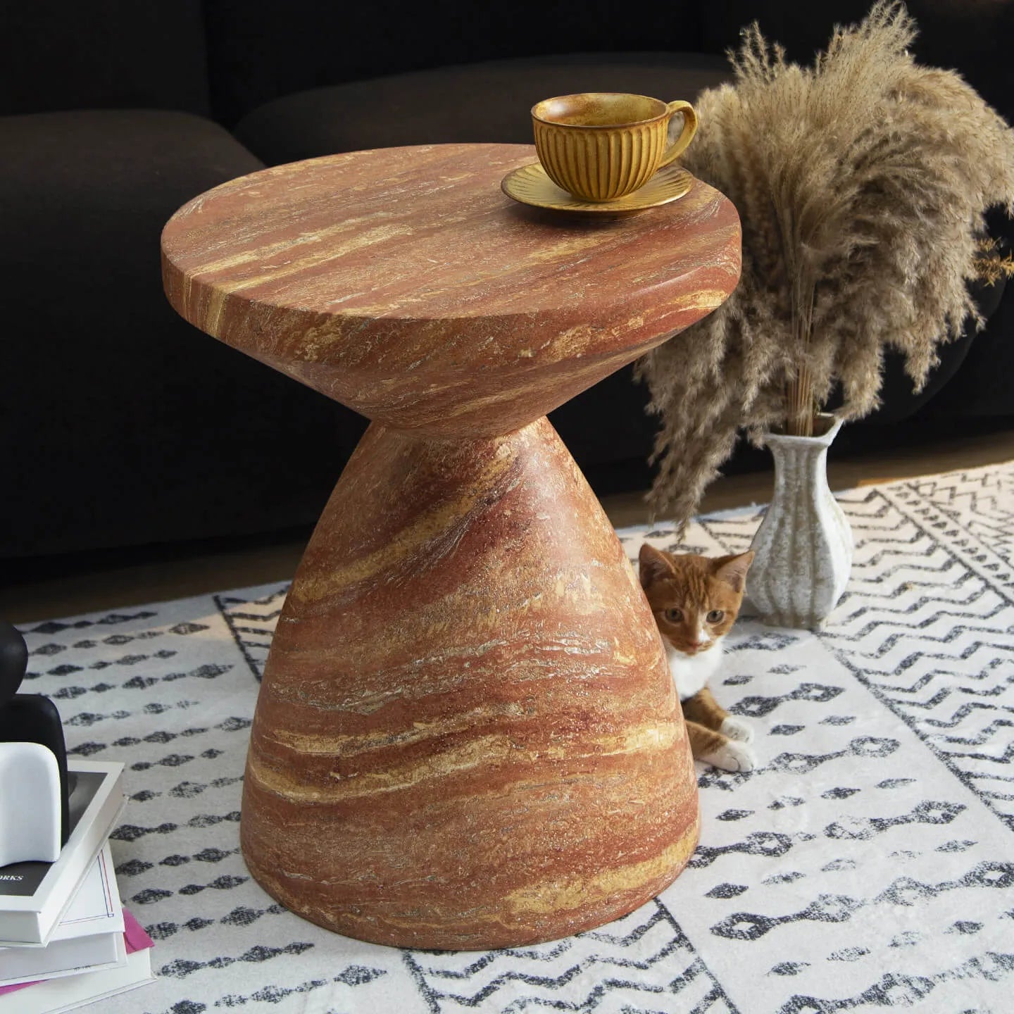 Red Faux Travertine Sculptural Hourglass End and Side Table Series