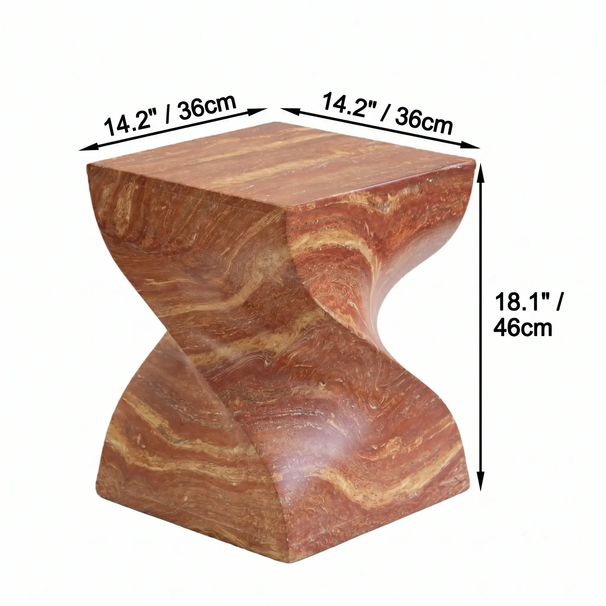 Red Faux Travertine Sculptural Hourglass End and Side Table Series Dimensions