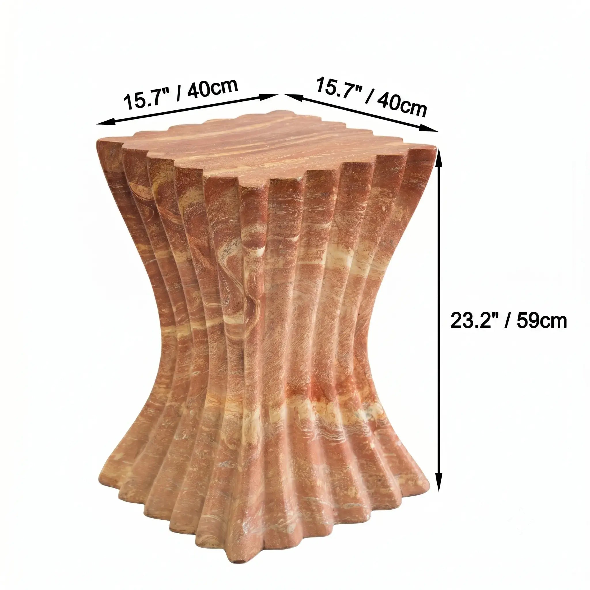 Red Faux Travertine Sculptural Hourglass End and Side Table Series Dimensions