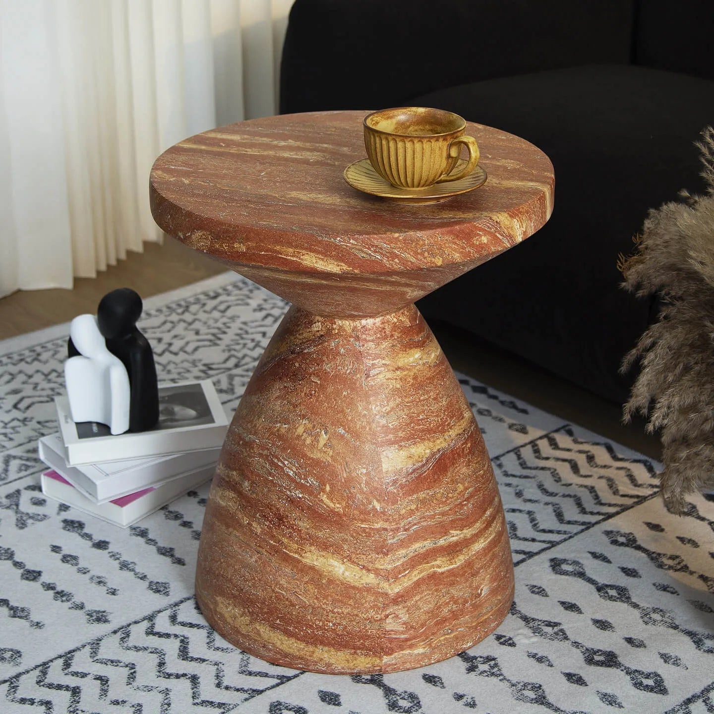 Red Faux Travertine Sculptural Hourglass End and Side Table Series Main Product Image Main image