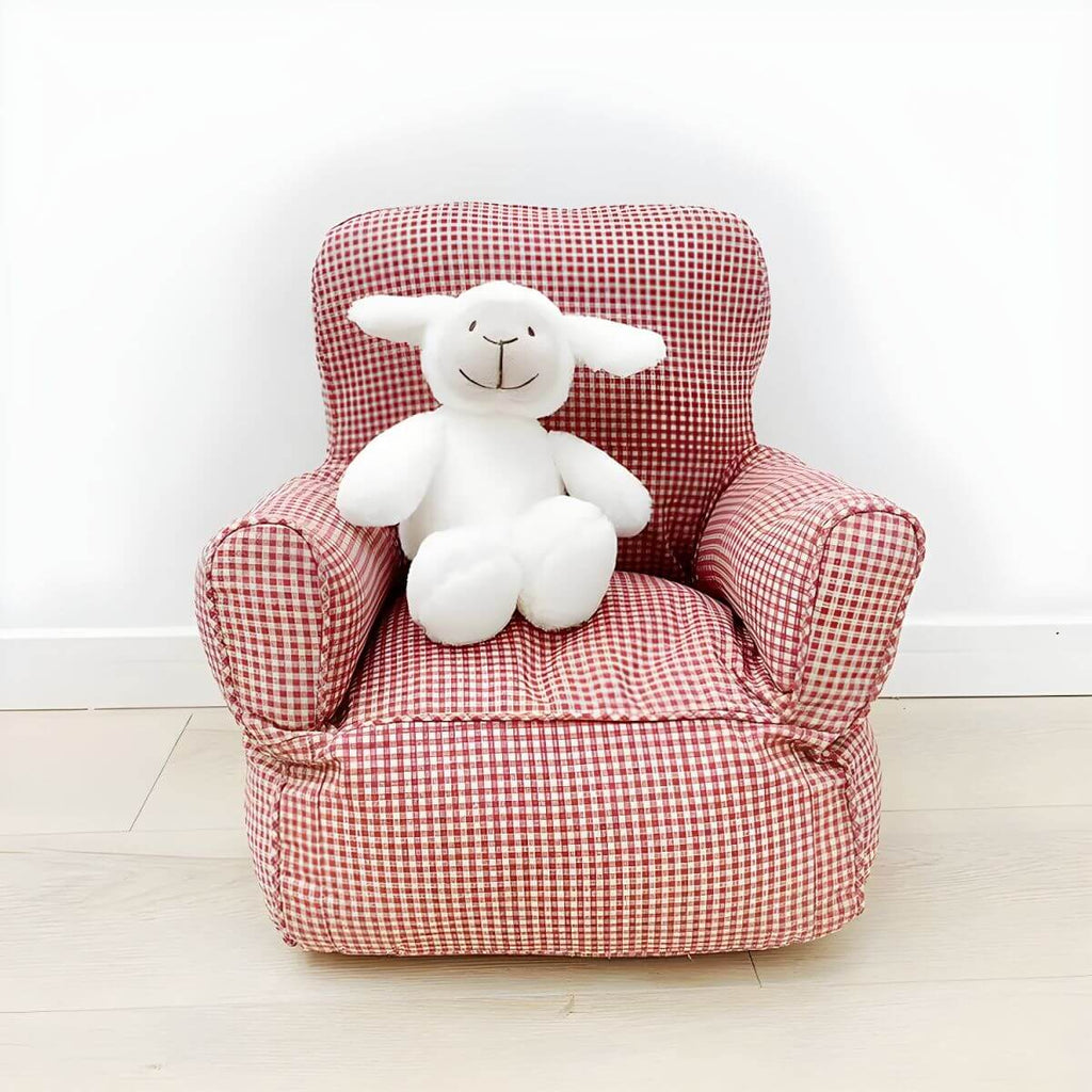 Red Plaid Upholstered Club Sofa for Kids - Cozy Seating Solution