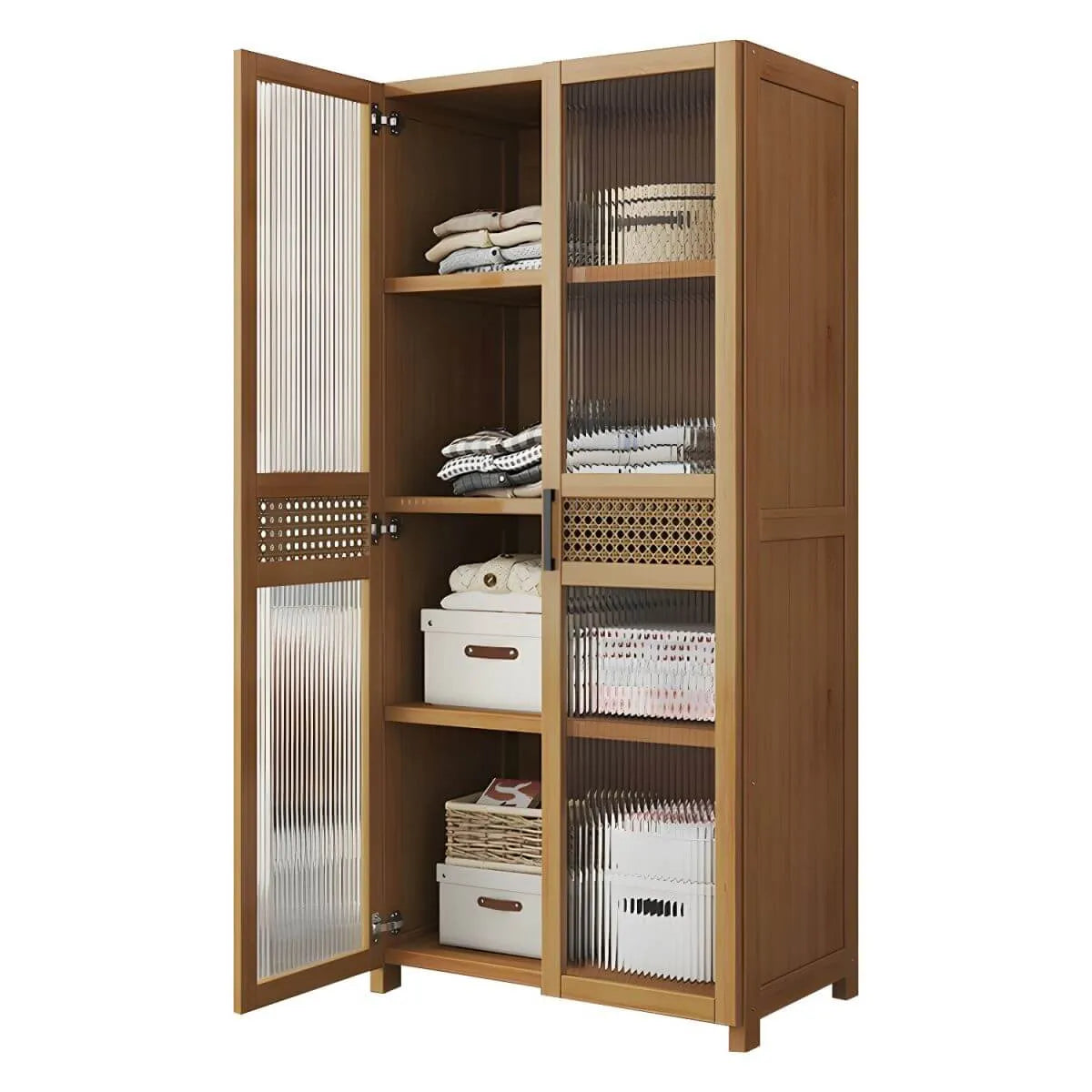 Reeded Glass Rattan Wood Wardrobe Armoire With Soft-Close Storage