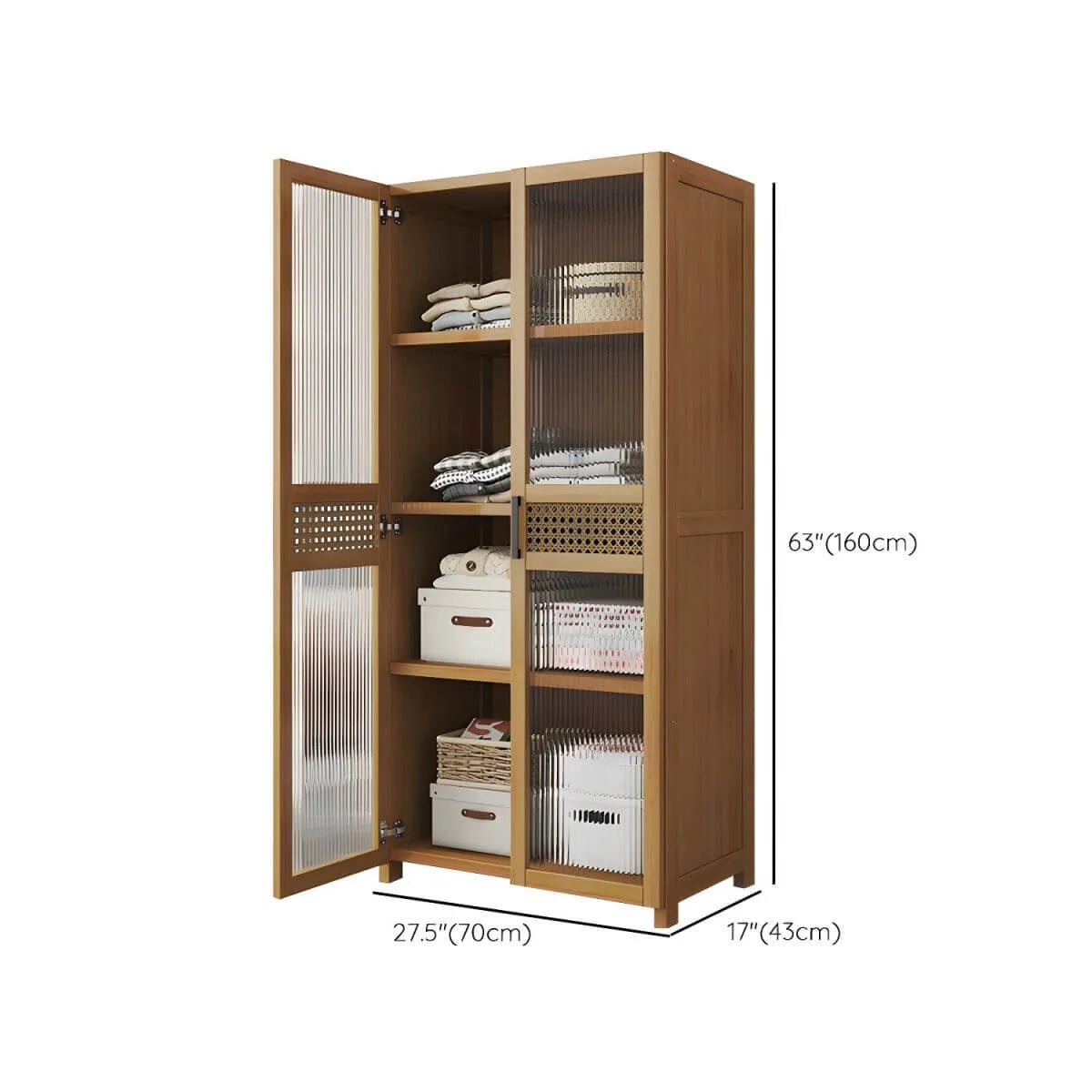 Reeded Glass Rattan Wood Wardrobe Armoire With Soft-Close Storage