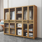 Reeded Glass Rattan Wood Wardrobe Armoire With Soft-Close Storage