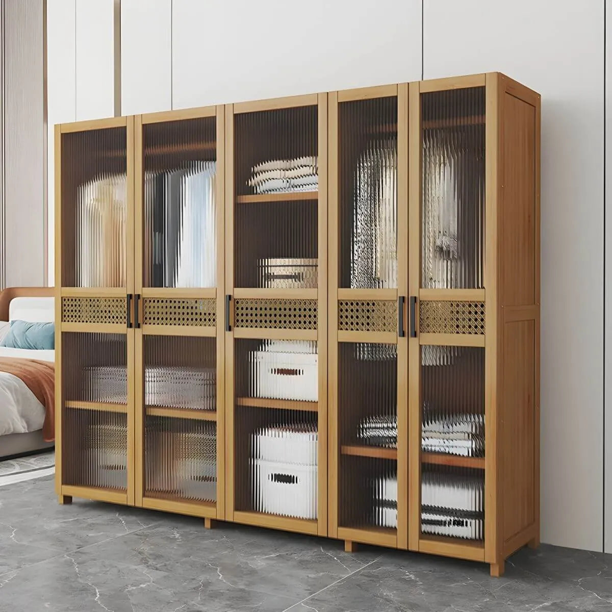 Reeded Glass Rattan Wood Wardrobe Armoire With Soft-Close Storage