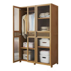 Reeded Glass Rattan Wood Wardrobe Armoire With Soft-Close Storage