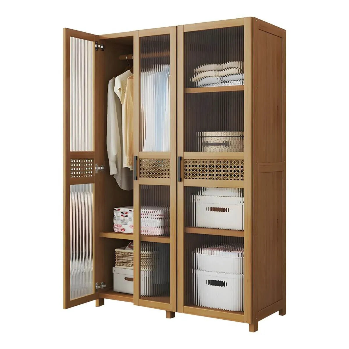 Reeded Glass Rattan Wood Wardrobe Armoire With Soft-Close Storage