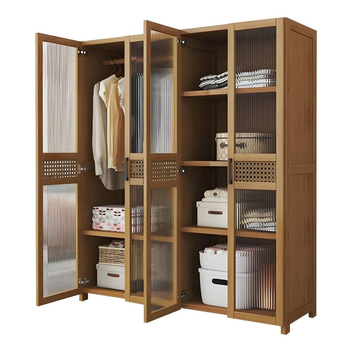 Reeded Glass Rattan Wood Wardrobe Armoire With Soft-Close Storage