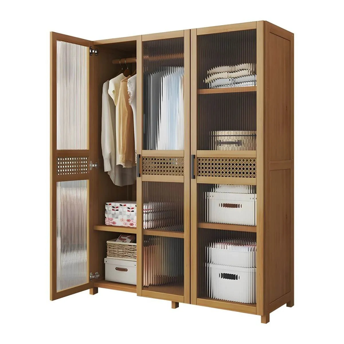 Reeded Glass Rattan Wood Wardrobe Armoire With Soft-Close Storage