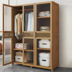 Reeded Glass Rattan Wood Wardrobe Armoire With Soft-Close Storage