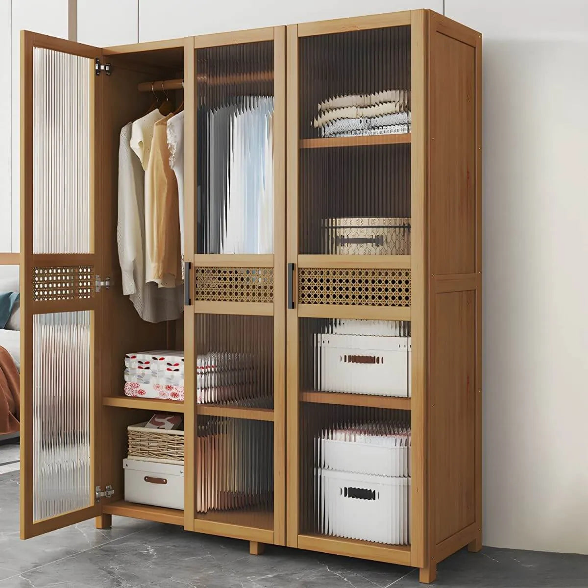 Reeded Glass Rattan Wood Wardrobe Armoire With Soft-Close Storage