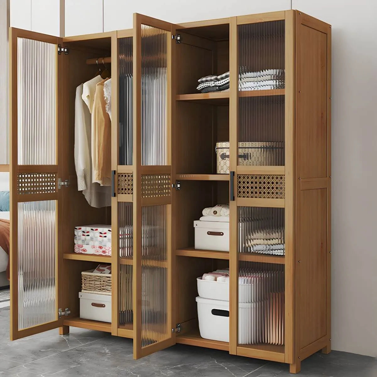 Reeded Glass Rattan Wood Wardrobe Armoire With Soft-Close Storage