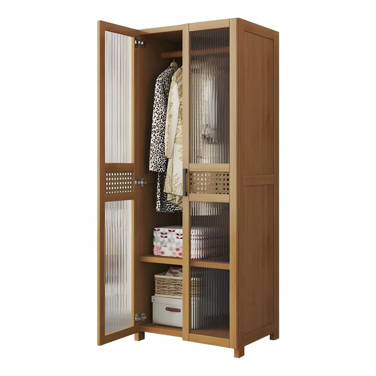 Reeded Glass Rattan Wood Wardrobe Armoire With Soft-Close Storage