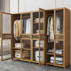 Reeded Glass Rattan Wood Wardrobe Armoire With Soft-Close Storage