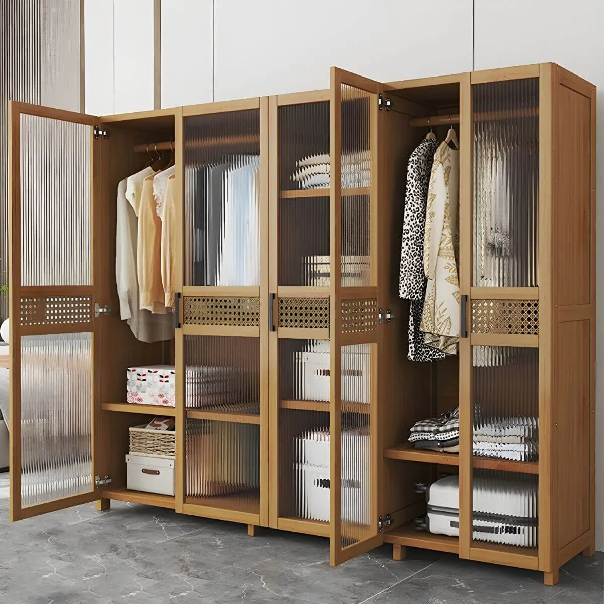 Reeded Glass Rattan Wood Wardrobe Armoire With Soft-Close Storage