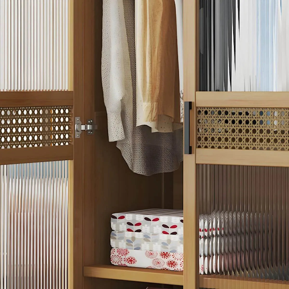 Reeded Glass Rattan Wood Wardrobe Armoire With Soft-Close Storage