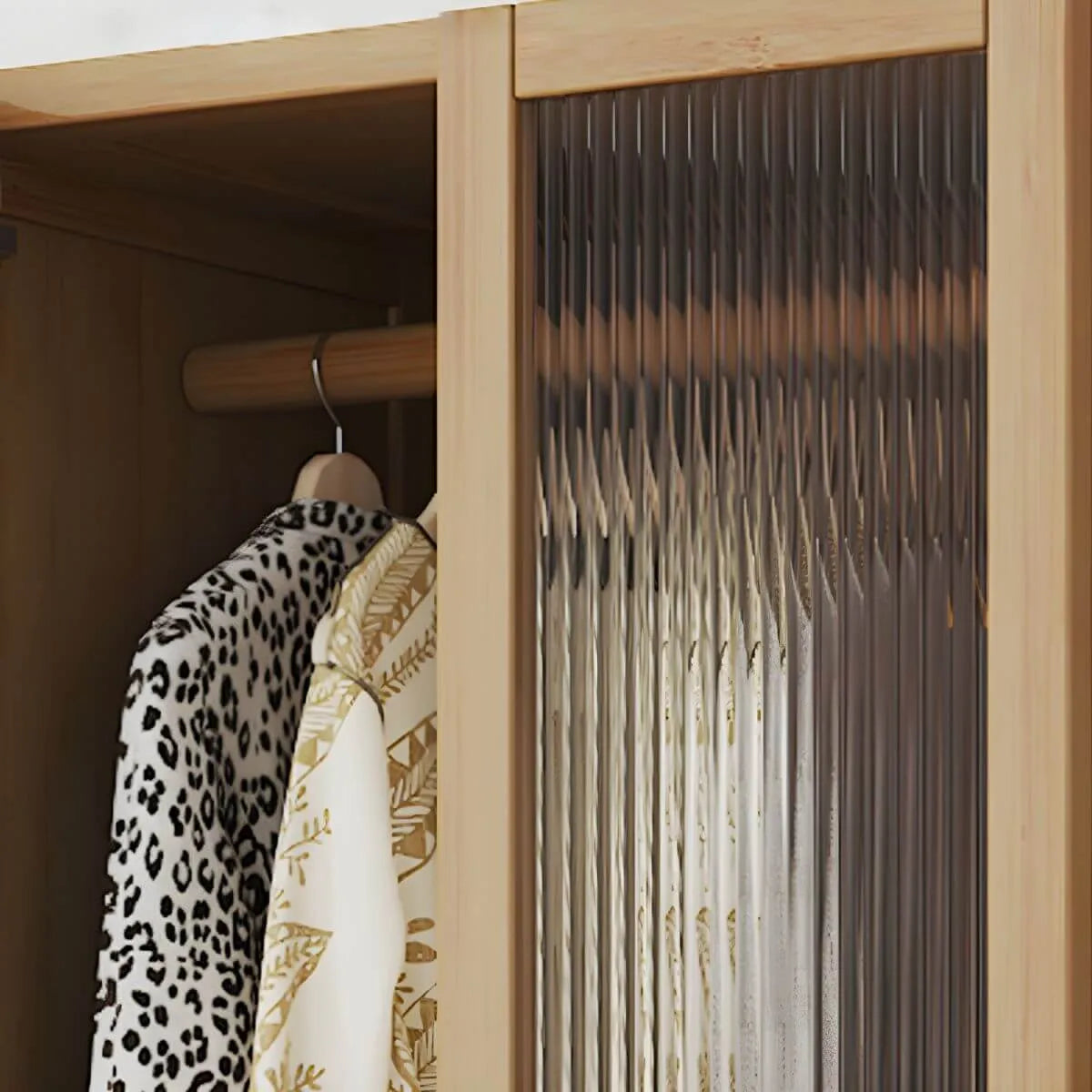 Reeded Glass Rattan Wood Wardrobe Armoire With Soft-Close Storage