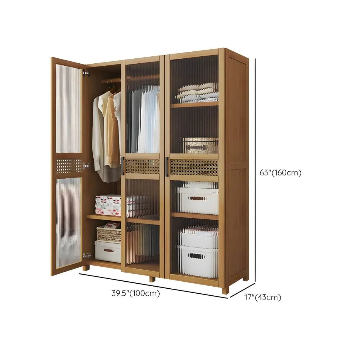 Reeded Glass Rattan Wood Wardrobe Armoire With Soft-Close Storage Dimensions