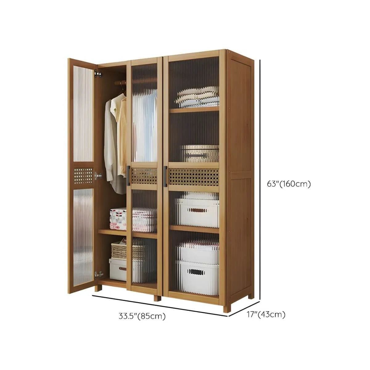 Reeded Glass Rattan Wood Wardrobe Armoire With Soft-Close Storage Dimensions
