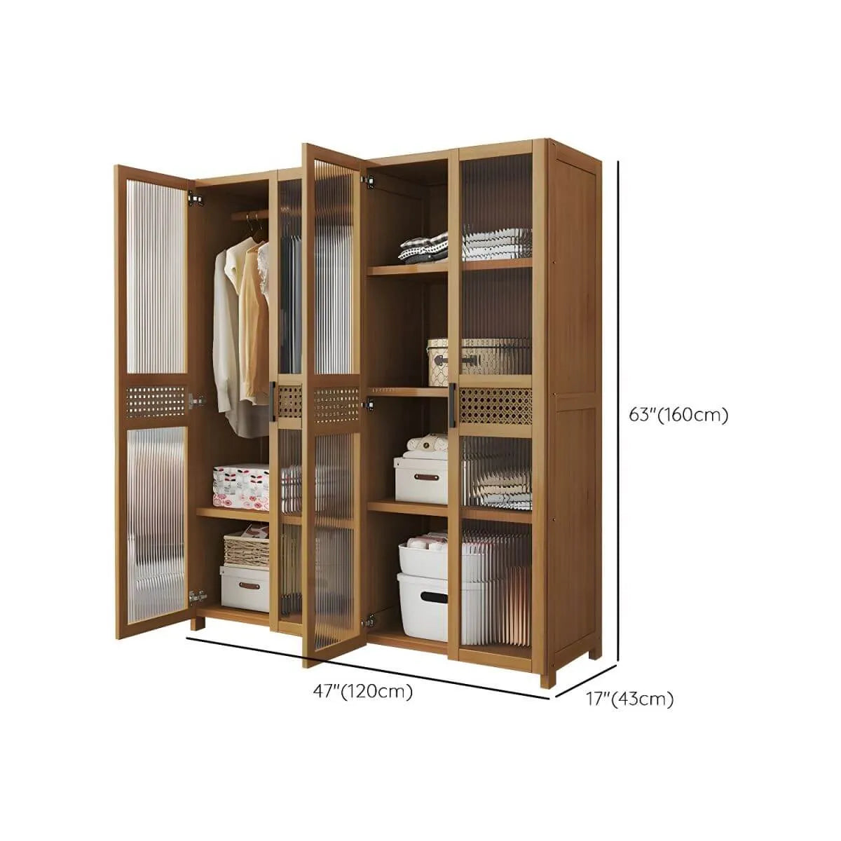 Reeded Glass Rattan Wood Wardrobe Armoire With Soft-Close Storage Dimensions