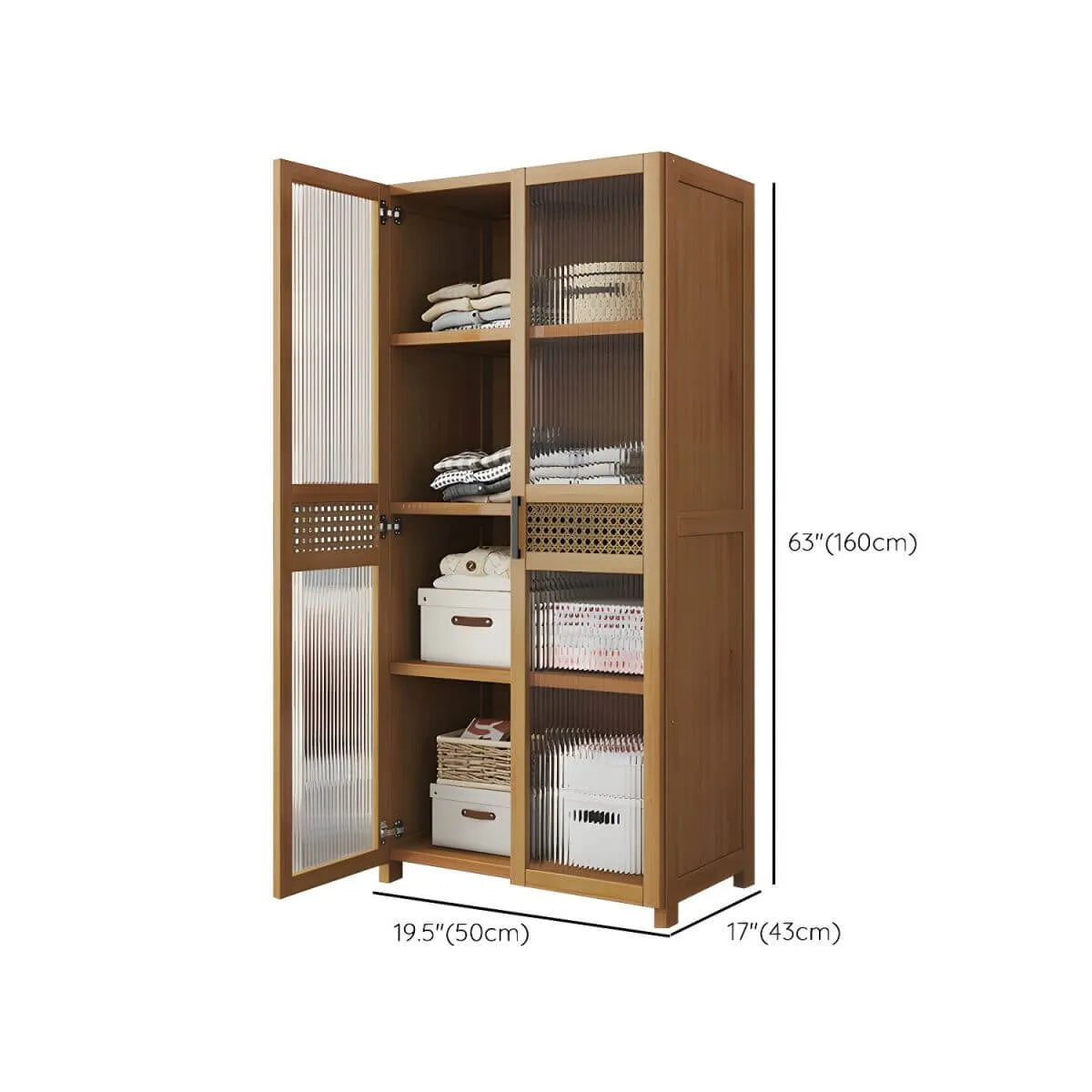 Reeded Glass Rattan Wood Wardrobe Armoire With Soft-Close Storage Dimensions