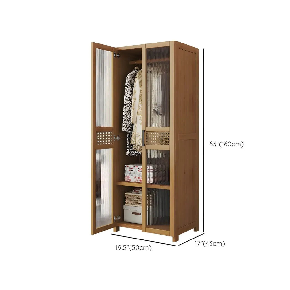 Reeded Glass Rattan Wood Wardrobe Armoire With Soft-Close Storage Dimensions