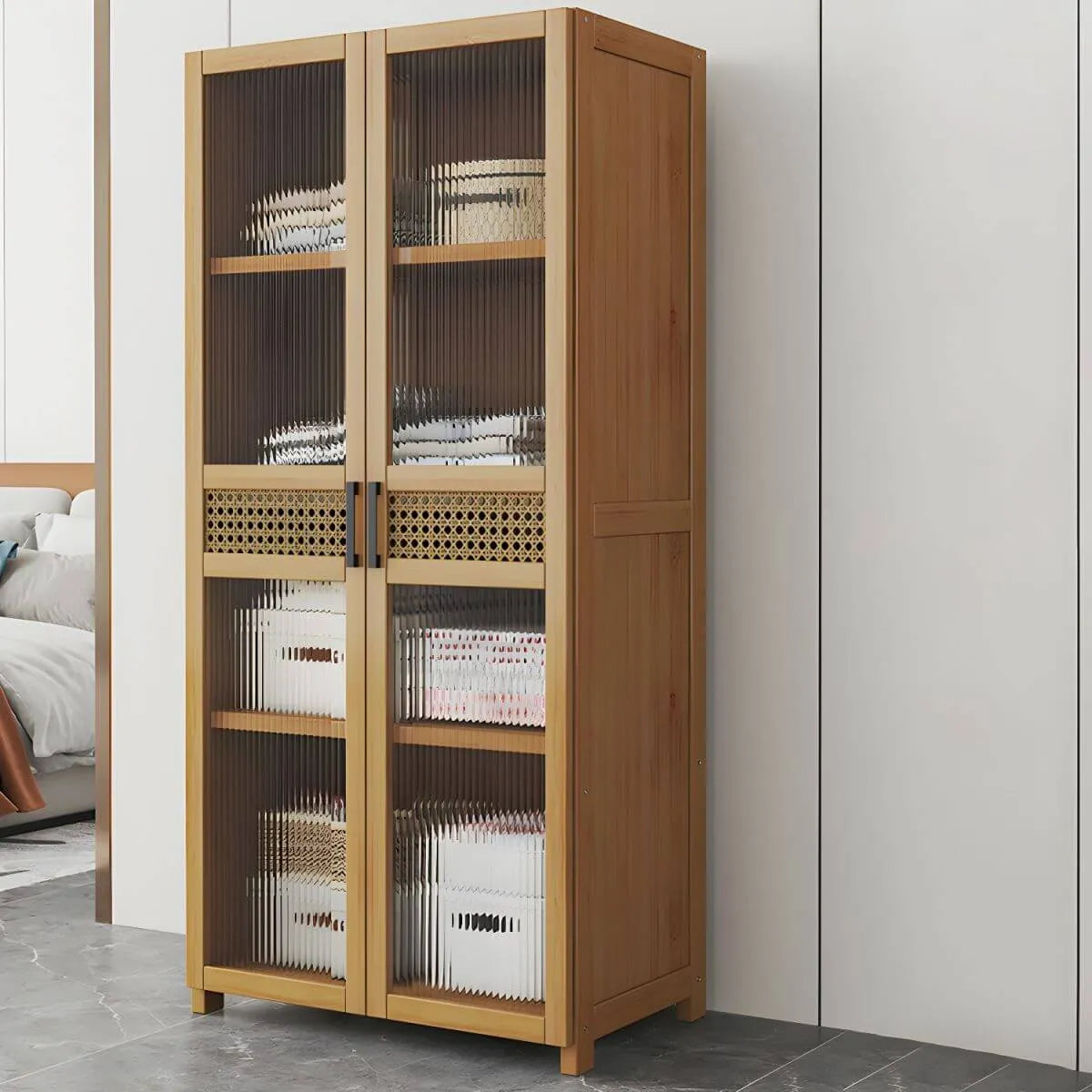 Reeded Glass Rattan Wood Wardrobe Armoire With Soft-Close Storage Main Product Image