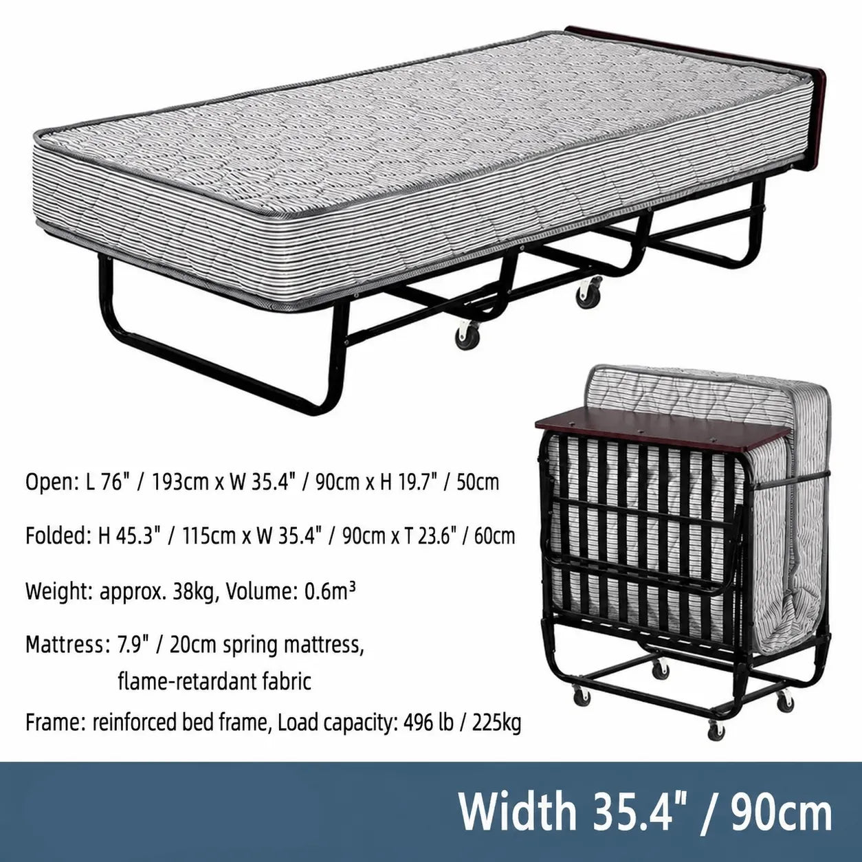 Reinforced Metal Rollaway Bed With Walnut-Top Foldaway Guestroom Cart