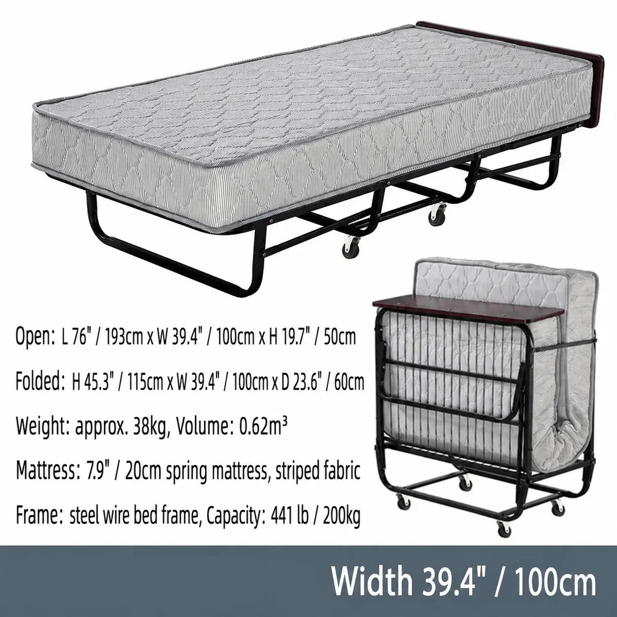 Reinforced Metal Rollaway Bed With Walnut-Top Foldaway Guestroom Cart