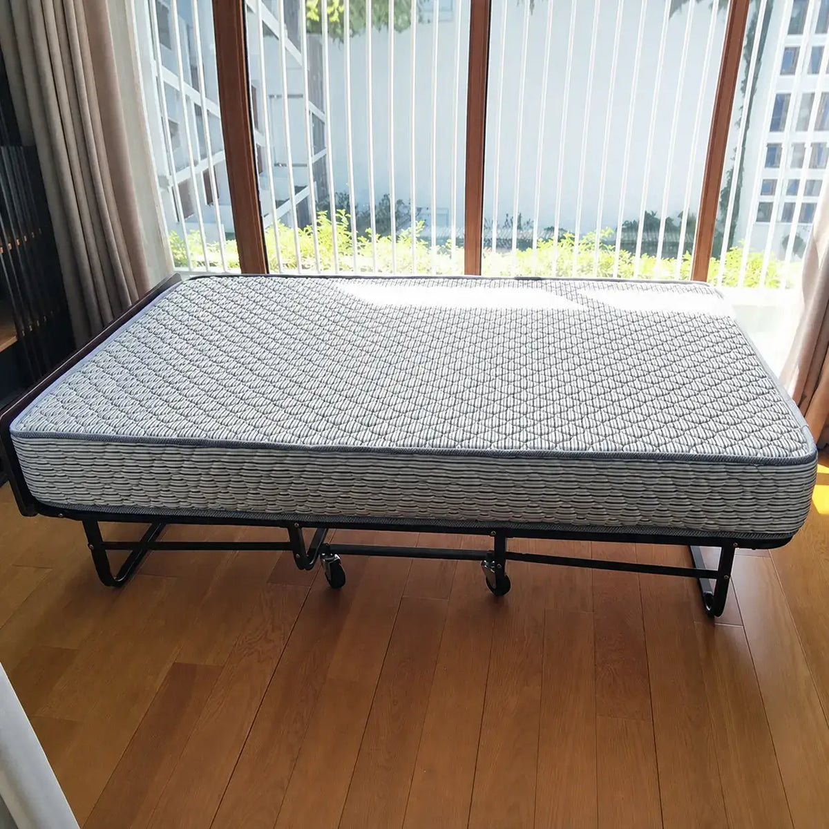 Reinforced Metal Rollaway Bed With Walnut-Top Foldaway Guestroom Cart