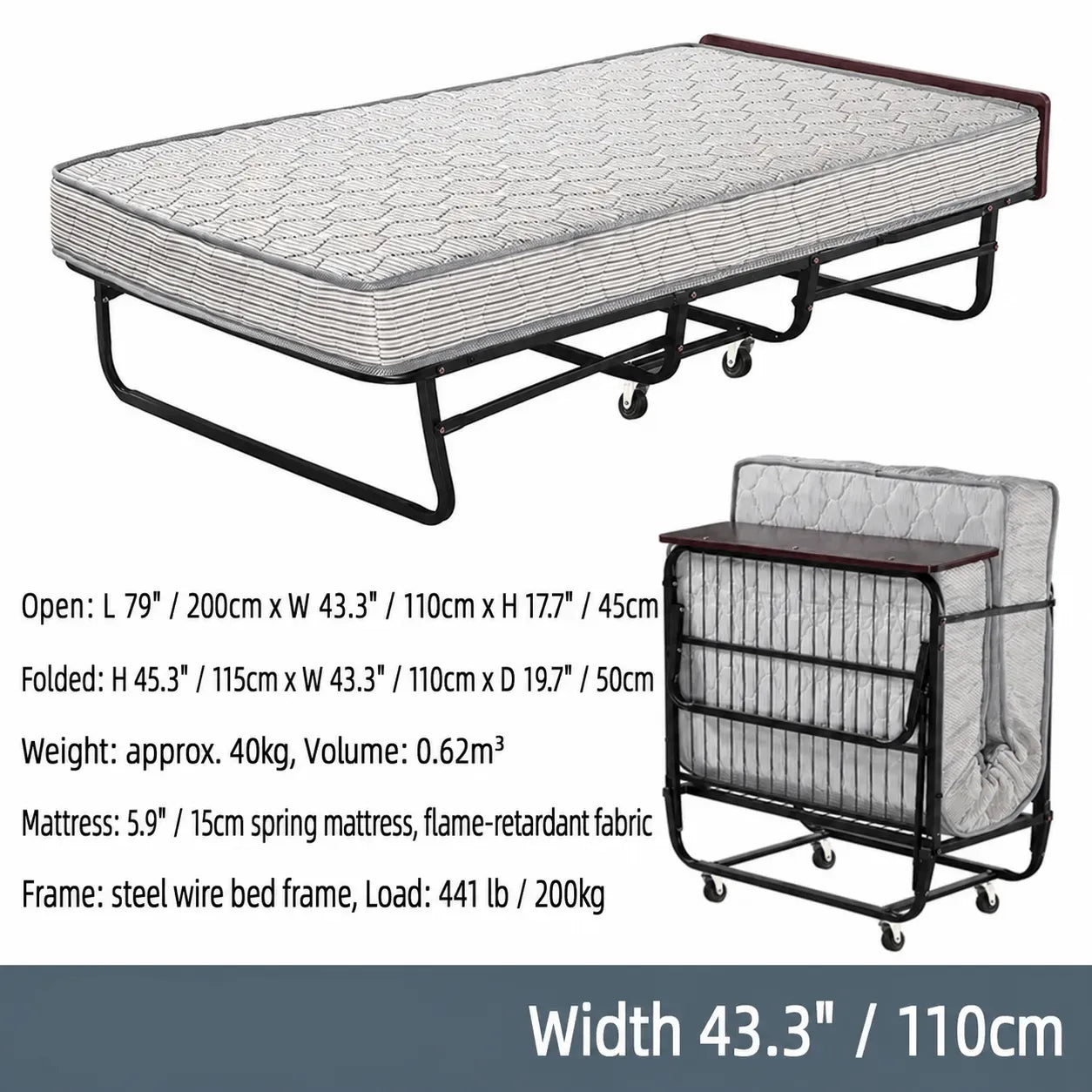 Reinforced Metal Rollaway Bed With Walnut-Top Foldaway Guestroom Cart